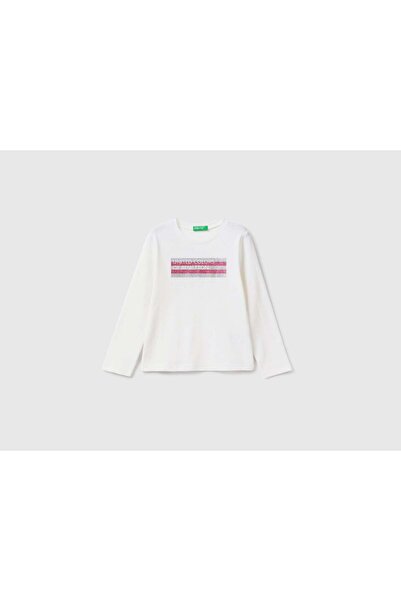 United Colors of Benetton تي شيرت بناتي بأكمام طويلة بتصميم مطبوع