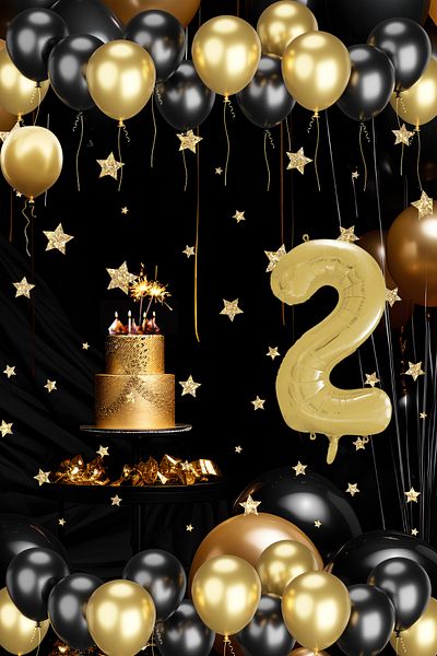 tedaks 2 Year Old Gold Black Balloon Set Gold Numbered Birthday Balloon Stylish Party Ornament