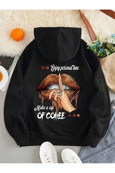 Boi Φούτερ Lip Coffee Φούτερ - Μαύρη στάμπα Oversize Χοντρή κουκούλα