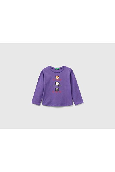 United Colors of Benetton تي شيرت قطني مطبوع بأكمام طويلة للبنات
