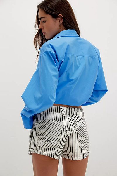 september island White Color Black Striped Trainline Stripe Denim Mini Shorts
