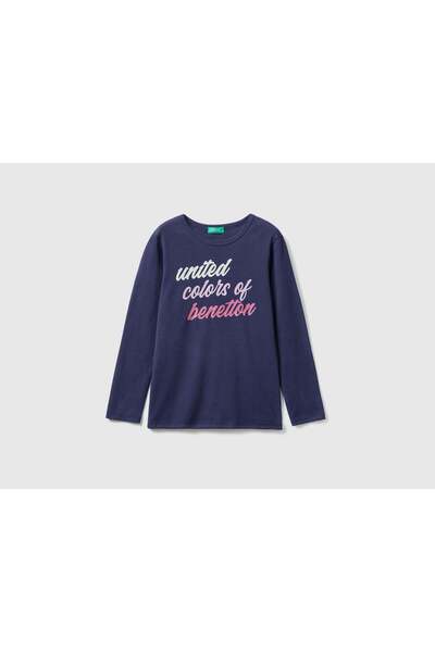 United Colors of Benetton تي شيرت أطفال بأكمام طويلة وطبعة لامعة