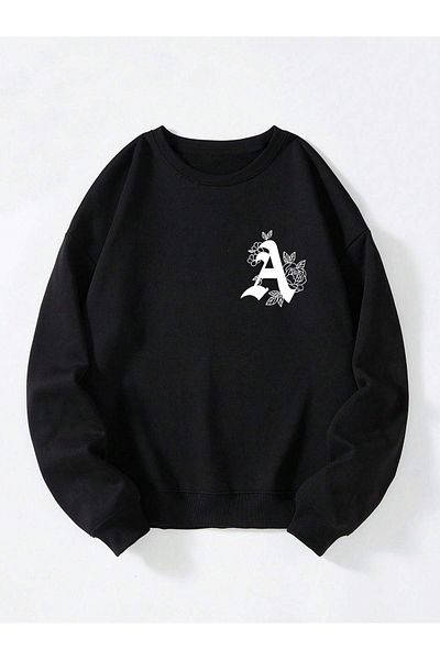 Boi A Logo Χοντρό χειμωνιάτικο φούτερ - Μαύρο εμπριμέ Oversize Crew Neck