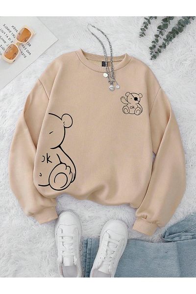 Boi Teddy Bear Printed Fleece Crew Neck Thick Sweatshirt 3 Thread