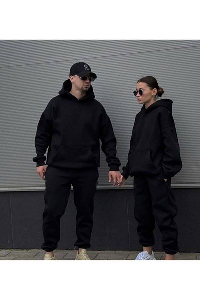 Boi Φούτερ 2 τεμαχίων Basic Plain Lover Combination - Μαύρη στάμπα Oversize Winter Hoodie