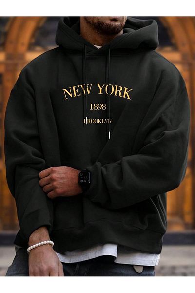 Boi 1898 New York Winter Sweatshirt - Black Printed Oversize Thick Hooded Hoodie