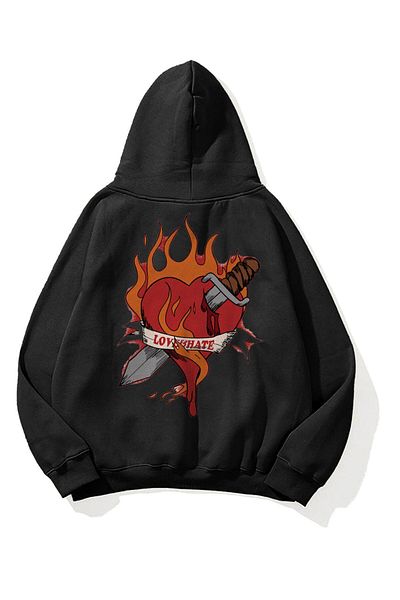 Boi Lovehate Sweatshirt - Black Printed Oversize Thick Hooded Hoodie