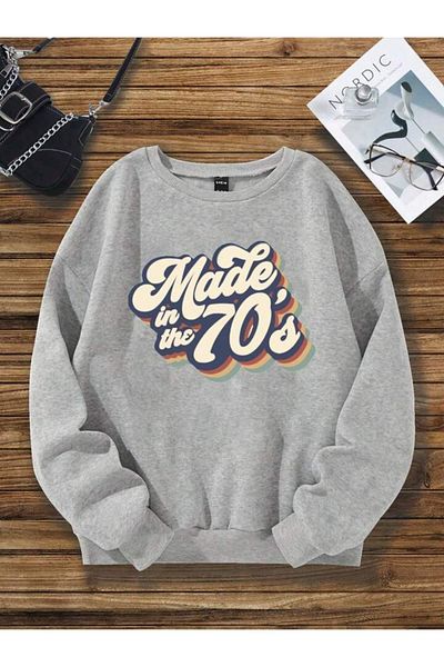 Boi Суитшърт Made 70's - Сив с принт, голям размер, дебело кръгло деколте