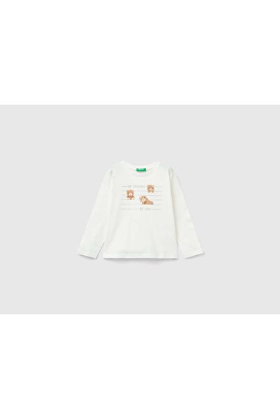United Colors of Benetton تي شيرت أطفال بأكمام طويلة وطبعة أمامية