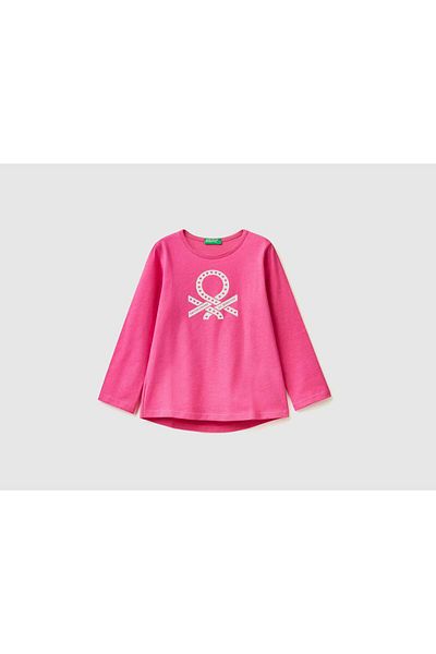 United Colors of Benetton 100% Cotton Long Sleeve T-Shirt with Logo for Girls
