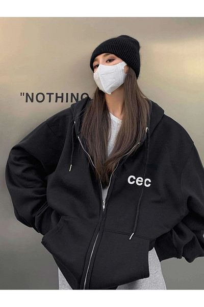 Boi Cec Written Φούτερ Ζακέτα με φερμουάρ - Μαύρη στάμπα Oversize Winter Hoodie με τσέπες