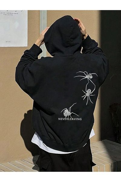 Boi Φούτερ Neverleaving Spider - Μαύρη στάμπα Oversize Χοντρή κουκούλα