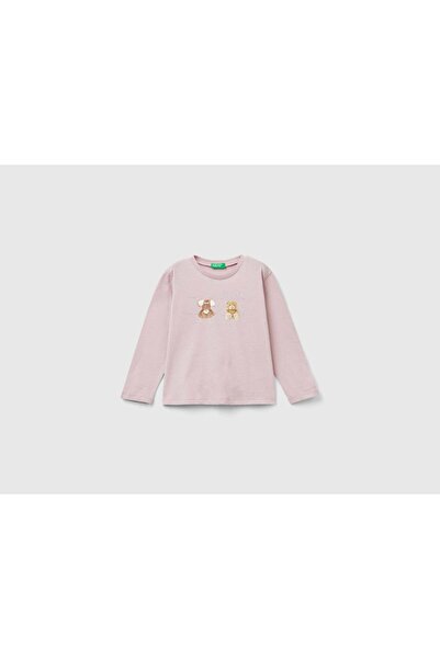 United Colors of Benetton تي شيرت أطفال بأكمام طويلة وطبعة أمامية