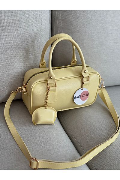 BAGLOVİS Small Yellow Women's Shoulder Bag with Small Leather Charm Details