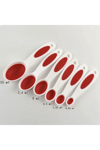 PUFO Set de 6 linguri de diferite dimensiuni pentru măsurarea ingredientelor, condimentelor, alb/roșu