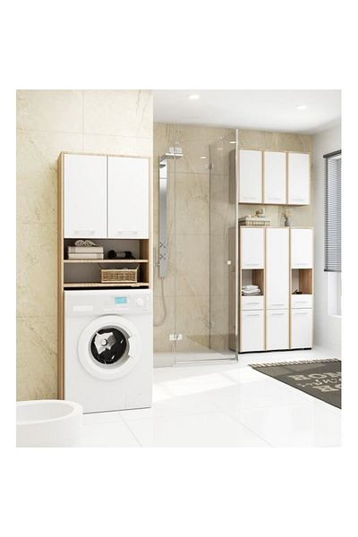 JollyMag Dulap baie cu loc pentru masina de spalat, placa laminata, 4 rafturi, 2 usi, stejar si alb, 64x30