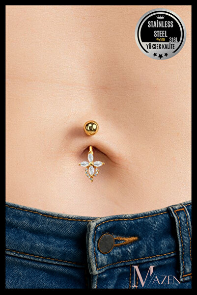 MAZEN Çiçek Model Göbek Piercing | 316L Çelik | Beyaz Taş Detaylı | Kadın Tak...
