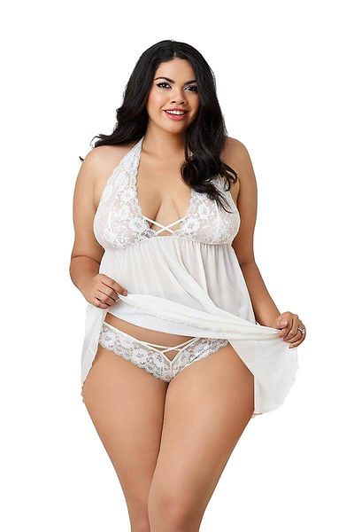 İntive Lingerie Lacy White Deep V Neck Mini Plus Size Nightgown