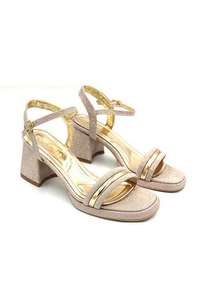 KİNDEP Kindep Single Strap Buckle Thick Heeled Women's Shoes Gold