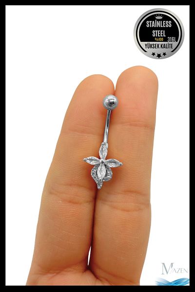 MAZEN Flower Model Navel Piercing |   316L Steel |   White Stone Detailed |   Women's Jewelry Accessory |   Piercing