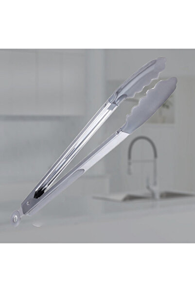 PUFO Metal kitchen tongs for serving, grilling, steak, with steel handle, silicone tip, 34 cm, gray