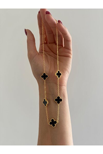 Zeyya Jewelry قلادة من الفولاذ باللون الذهبي مع حجر أسود قابل للتعديل