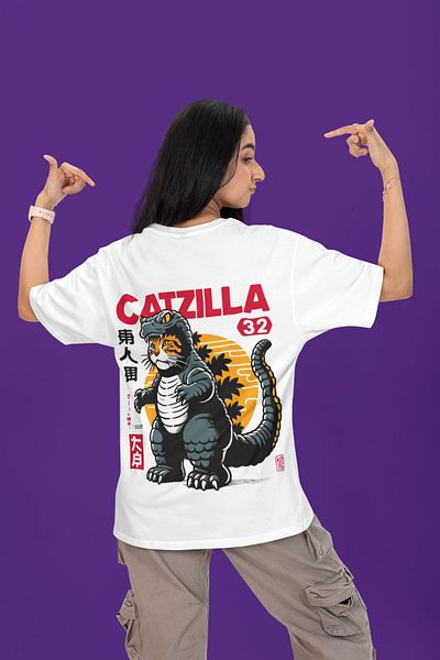 MAGORS Catzilla Design Printed Unisex Oversize Cut 100% Cotton Soft Textured Crew Neck White T-Shirt