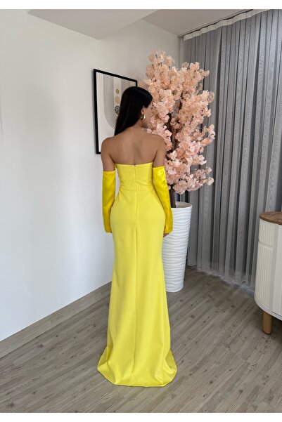 zoezoe SATEN DÜĞMELİ TAKMA KOLLU DRAPELİ STRAPLEZ YAKA UZUN DÜĞÜN DAVET/BALO/MEZUNİYET/NİŞAN ELBİSESİ