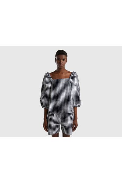 United Colors of Benetton Women's Vichy Check Linen Blouse with Puff Sleeves
