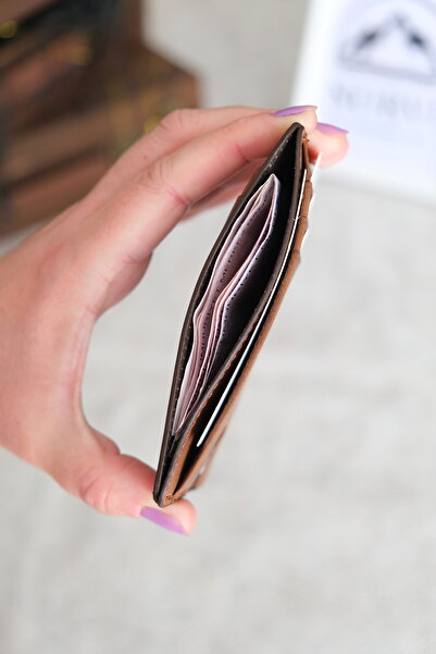 Norvi Leather Genuine Leather Card Holder with Id Compartment Hazelnut Color