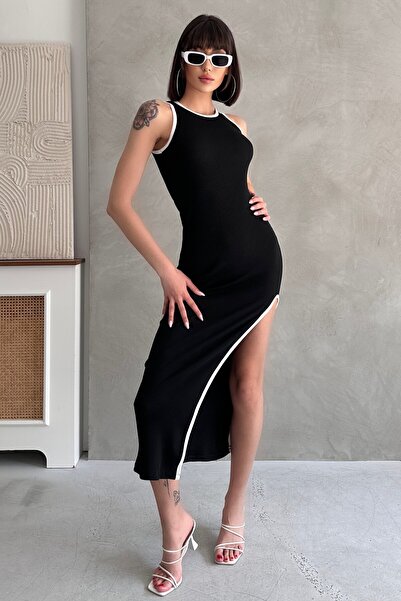 New Now Zıt Biye Detaylı Yırtmaçlı Uzun Elbise Slim Fit Esnek Kumaş