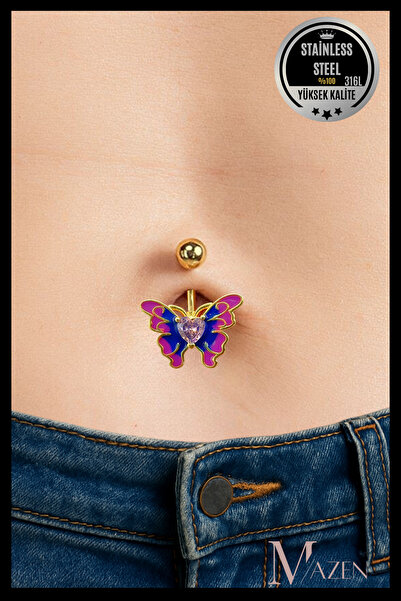 MAZEN Kelebek Model Göbek Piercing | 316L Çelik | Mor Pembe Renkli Kalpli | K...