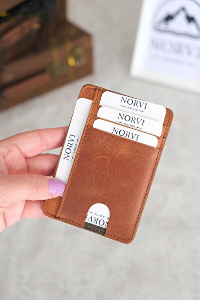 Norvi Leather Genuine Leather Card Holder with Id Compartment Tan