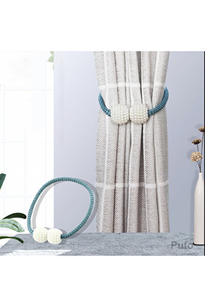 PUFO Șnur de strângere cu mărgele pentru perdele sau draperii cu magnet, albastru