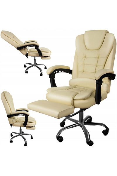 JollyMag Scaun de birou, cu suport pentru picioare, rotativ, piele ecologica, crem, 65x102/110 cm