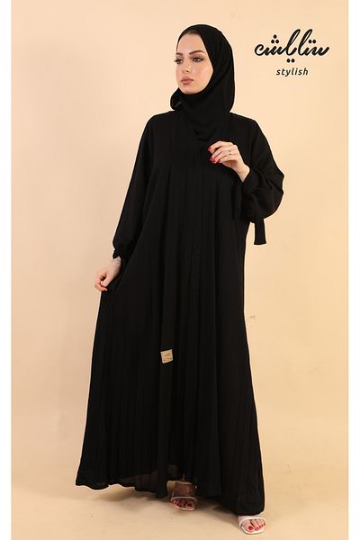 Stylish Shamoukh pleated wrap abaya in black