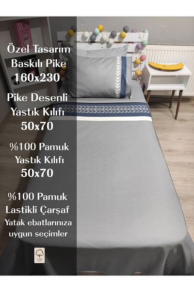 yok yok evim eve dair her şey 4 Pieces of Laurel Bordured (100% Cotton 100X200 Fitted Sheet) Single Pique Bedspread Set