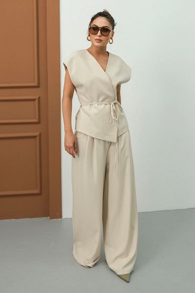 spirituel Women's Double Bottom Top Suit Lace-Up Loose Cut Flowy Summer Short Sleeve Kimono Jacket Palazzo Pants