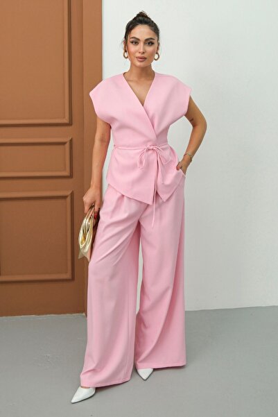 spirituel Women's Double Bottom Top Suit Lace-Up Loose Cut Flowy Summer Short Sleeve Kimono Jacket Palazzo Pants