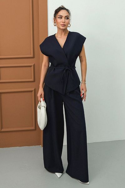 spirituel Women's Double Bottom Top Suit Lace-Up Loose Cut Flowy Summer Short Sleeve Kimono Jacket Palazzo Pants