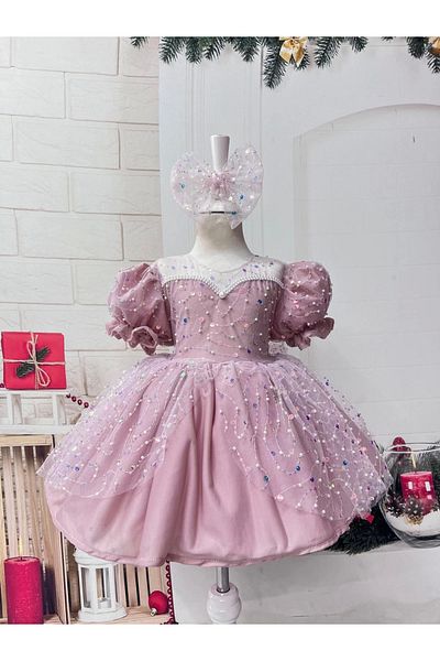 Nissa Pink Stone Heart Collar Girl's Evening Dress