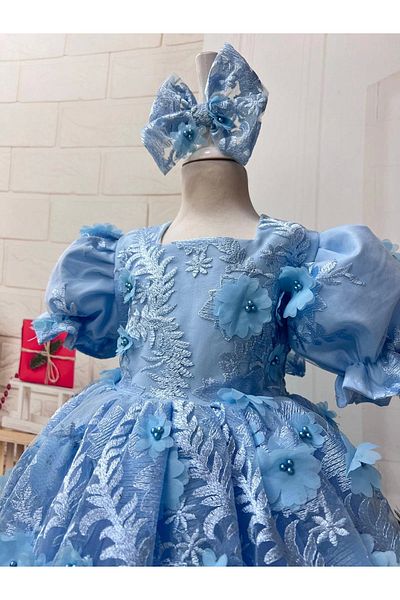Nissa Blue Lace Floral Princess Dress Evening Dress