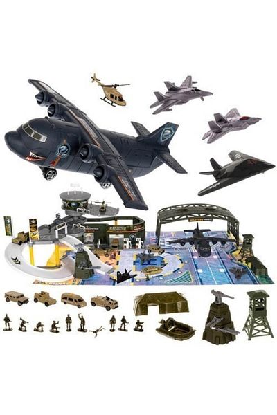 Iso Set de jucării cu bază de aeroport militar, 4 avioane, mașini, soldați, 56x82x22,5 cm