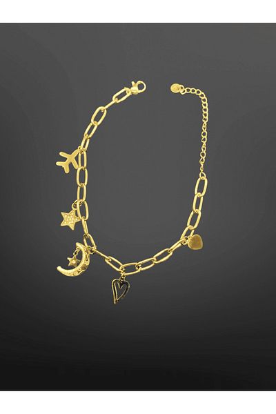 FM 316L Steel Chain Bracelet with Gold Color Charm Figure |   Stylish Design with Moon, Star and Heart Detail