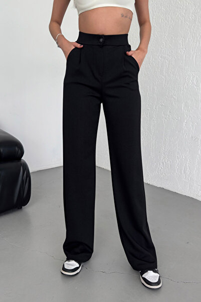 Alos Kadın Siyah Düğmeli Pileli Yüksek Bel Likralı Krep Kumaş Rahat Kalıp Palazzo Pantolon