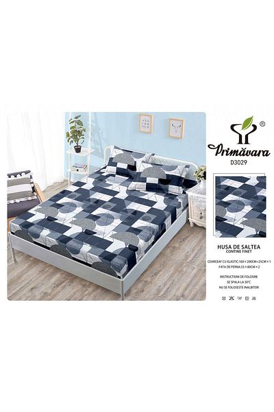 FIONNA.RO Duvet Cover With Elastic And Pillowcases 160X200cm - Navy Blue Geometric Pattern