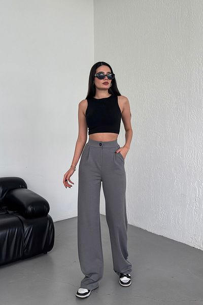 Alos Women's Gray Buttoned Pleated High Waist Lycra Crepe Fabric Comfortable Fit Palazzo Pants