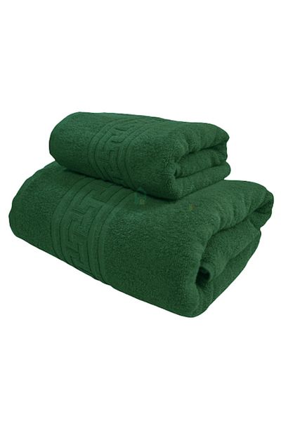 TextiLici Set 2 Premium Cotton Bath Towels, Greek Border Design, Green
