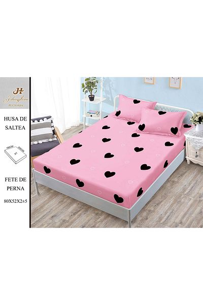 FIONNA.RO Satin Cotton Elastic Pillowcase 180x200cm - Pink With Hearts