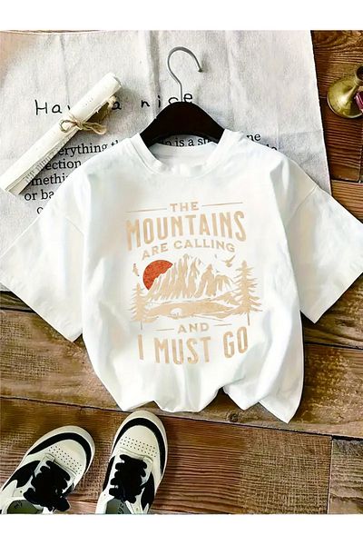 AEMİ Unisex the Mountains Are Calling and I Must Go Mountains Printed Oversize Crew Neck T-Shirt
